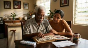 Home care Trinidad and Tobago caregiver supporting elderly family member at home